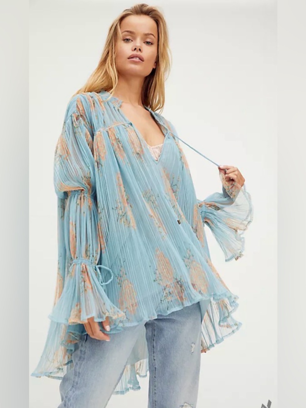 Free People Dahlia Pleated Bell-Sleeve Tunic Top Floral V-Neck Size L